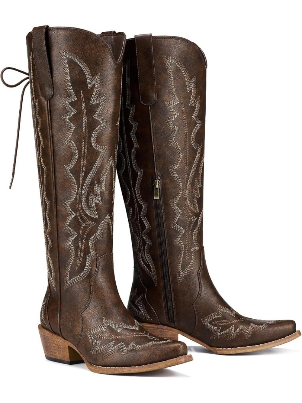 Women's Brown Embroidery Wide Calf Lace Up Knee High Cowgirl Western Boots